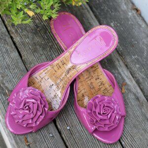 Nickels Pink Patent Leather Rosette Flower Peep Toe Kitten Heel Slide Mules Sz 6